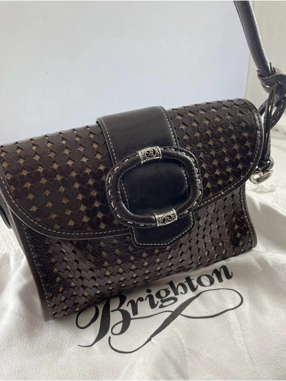 Brighton East West Leather Heart cut out woven Crossbody Bag - Dark Brown